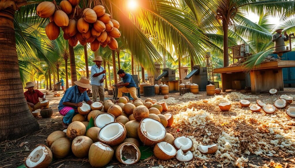 Coconut processing, desiccated coconut, coconut water, coconut-based products
