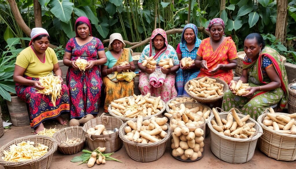 women in cassava processing